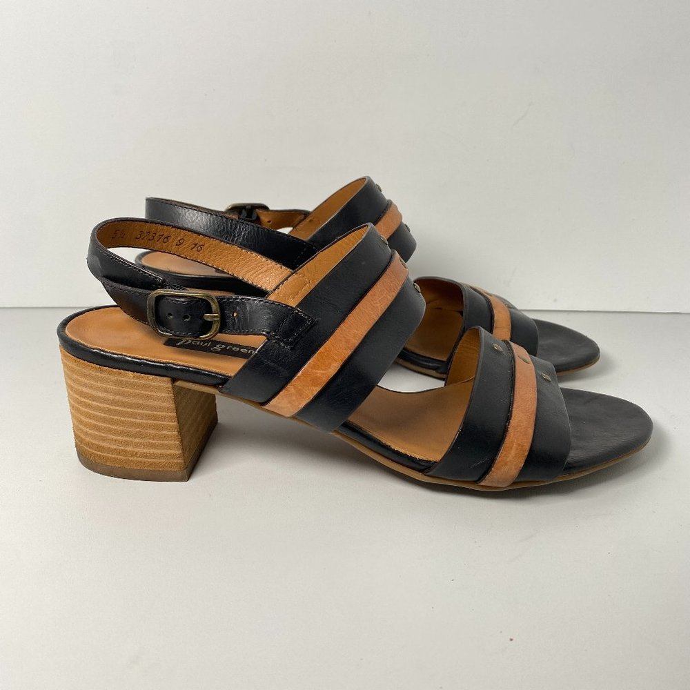 PAUL GREEN Vicky Slingback Block Heel Sandals Womens 5.5 Black Tan Two Tone